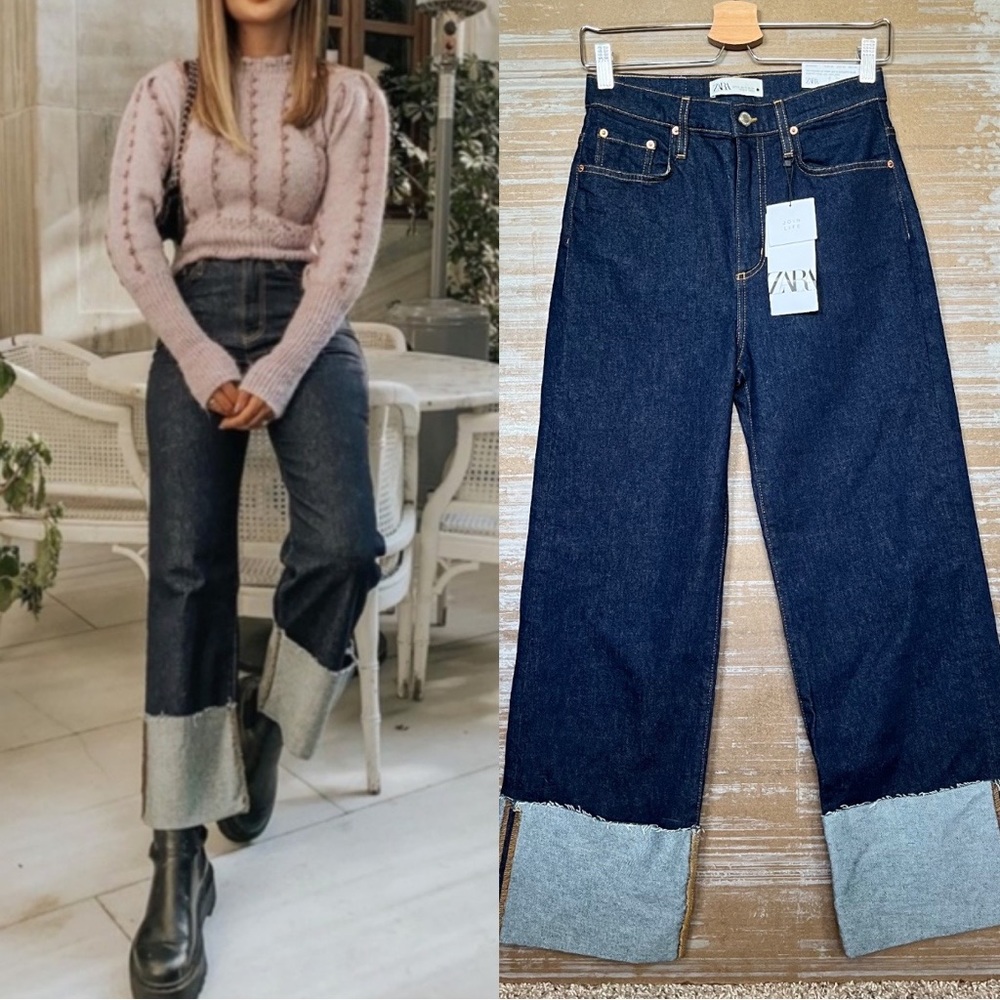 Zara NWT Folded Up Wide Leg Jeans Serenity Dark Wash Classic Street Womens 12